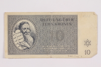 2004.566.3 front
Theresienstadt ghetto-labor camp scrip, 10 kronen note, issued to a German Jewish inmate

Click to enlarge