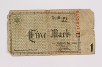 2004.660.1 front
Łódź (Litzmannstadt) ghetto scrip, 1 mark note, given to a US soldier by a refugee

Click to enlarge