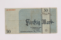 2004.660.5 front
Łódź (Litzmannstadt) ghetto scrip, 50 mark note, given to a US soldier by a refugee

Click to enlarge