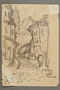 Drawing by Alexander Bogen of a curving, cobblestone street with buildings on either side, a person walking along the sidewalk, and a large building with a tower in the background