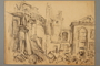 Drawing by Alexander Bogen of rubble and damaged buildings