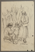 2005.181.126 front
Drawing by Alexander Bogen of a woman sitting outdoors and working with her hands as two women stand and watch

Click to enlarge