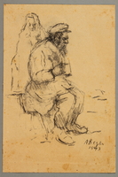 2005.181.131 front
Drawing by Alexander Bogen of a man wearing a six-pointed star, sitting and holding a cup, with another person standing behind him

Click to enlarge
