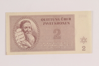 2005.522.2 front
Theresienstadt ghetto-labor camp scrip, 2 kronen note, issued to a German Jewish inmate

Click to enlarge