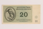 Theresienstadt ghetto-labor camp scrip, 20 kronen note, issued to a German Jewish inmate