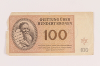 2005.517.40 front
Theresienstadt ghetto-labor camp scrip, 100 kronen note

Click to enlarge