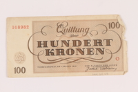 2005.517.40 back
Theresienstadt ghetto-labor camp scrip, 100 kronen note

Click to enlarge
