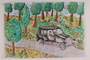 Watercolor depicting partisans shooting at Nazi soldiers driving through the forest