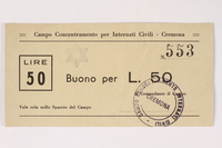 2003.413.19 front
Cremona concentration camp scrip, 50 Lire note with a Star of David stamp

Click to enlarge