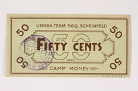 2003.413.38 back
Scheinfeld Displaced Persons Camp scrip, 50 cent note

Click to enlarge