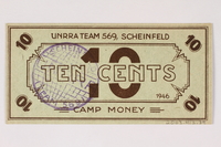 2003.413.39 back
Scheinfeld Displaced Persons Camp scrip, 10 cent note

Click to enlarge