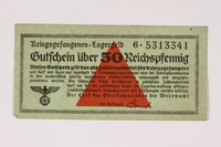 2003.413.41 front
German Prisoner of War Camp general issue currency, kriegsgefangenen lagergeld, 50 Reichspfennig

Click to enlarge