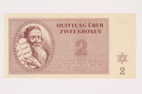2001.3.13 front
Theresienstadt ghetto-labor camp scrip, 2 kronen, owned by a former Czech Jewish inmate

Click to enlarge