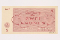 2001.3.16 back
Theresienstadt ghetto-labor camp scrip, 2 kronen, owned by a former Czech Jewish inmate

Click to enlarge