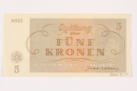 2001.3.17 back
Theresienstadt ghetto-labor camp scrip, 5 kronen, owned by a former Czech Jewish inmate

Click to enlarge