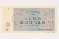 2001.3.26 back
Theresienstadt ghetto-labor camp scrip, 10 kronen, owned by a former Czech Jewish inmate

Click to enlarge