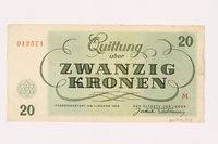 2001.3.30 back
Theresienstadt ghetto-labor camp scrip, 20 kronen, owned by a former Czech Jewish inmate

Click to enlarge