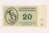 2001.3.31 front
Theresienstadt ghetto-labor camp scrip, 20 kronen, owned by a former Czech Jewish inmate

Click to enlarge