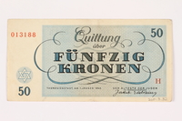 2001.3.32 back
Theresienstadt ghetto-labor camp scrip, 50 kronen, owned by a former Czech Jewish inmate

Click to enlarge