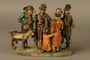 Colorful terracotta figure group of 4 Jewish men, a boy, and a goat