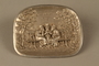 Silver colored iron dish with bas relief of 3 Jewish men on a bench