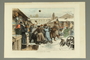 Color print of Jewish men playing soccer in a snow covered market