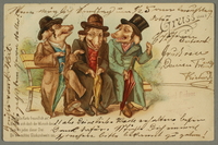 2016.184.203 front
Inscribed postcard of three pigs as the three Jews sitting on a bench stereotype

Click to enlarge