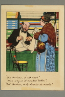2016.184.201.4 front
Color cartoon of a Jewish cloth merchant explaining the merchandise

Click to enlarge