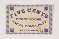 2007.162.3 front
Deggendorf displaced persons camp scrip, 5-cent note, acquired by a former director

Click to enlarge