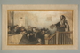 Pastel drawing of a congregation listening to their rabbi