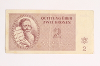 1988.43.8 front
Theresienstadt ghetto-labor camp scrip, 2 kronen note

Click to enlarge