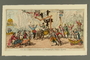 Cartoon of people jeering at Napoleon as jester being taken to Elba