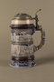 Gray and blue beer stein with images of anti-Jewish fables and politicians