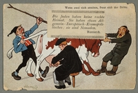 2016.184.719 front
Postcard of a Jew, a German, and a Hungarian fighting over a cow

Click to enlarge