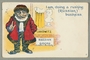Inscribed postcard of a Jewish man in red coat and hat near a tailor shop
