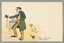 Illustrated postcard of a Jewish street peddler and a dog