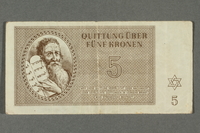 2016.184.816 front
Theresienstadt ghetto-labor camp scrip, 5 kronen note

Click to enlarge