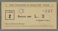2016.184.830 front
Cremona civilian internment scrip, 2 lire note, stamped with a Star of David

Click to enlarge