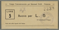 2016.184.831 front
Cremona civilian internment scrip, 5 lire note, stamped with a Star of David

Click to enlarge