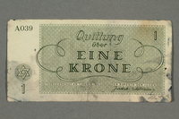 2016.496.4 back
Theresienstadt ghetto-labor camp scrip, 1 krone note, belonging to a German Jewish inmate

Click to enlarge