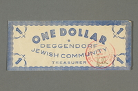 2016.496.13 front
Deggendorf displaced persons camp scrip, 1 dollar note, acquired by a former German Jewish prisoner

Click to enlarge