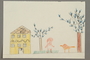 Drawing of a house with trees, grass, a bird, and person created by a Jewish Austrian child