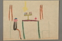 Drawing of a table with a menorah and dreidel on top and a person seated at a chair created by a Jewish Austrian child