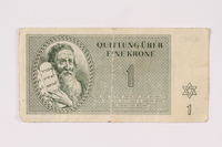1992.108.1 front
Theresienstadt ghetto-labor camp scrip, 1 krone note

Click to enlarge
