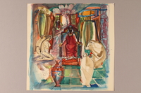 1992.113.10 front
Albert Dov Sigal unfinished watercolor sketch of a king in red robes seated on his throne in an ornately decorated and colored interior

Click to enlarge