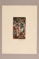 1992.113.15 front
Albert Dov Sigal small red and green colored etching of a couple standing with heads touching next to a seated dejected man with a crown

Click to enlarge