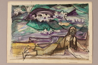 1992.113.5 front
Albert Dov Sigal watercolor sketch of a man in tattered clothes with a large green and purple fish floating above with a pencil sketch on the reverse

Click to enlarge