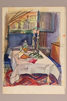 1992.113.7 front
Albert Dov Sigal watercolor sketch of a Shabbat table with a decanter, kiddush cup, challah, and candlesticks with a pencil sketch on the reverse

Click to enlarge