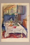 Albert Dov Sigal watercolor sketch of a Shabbat table with a decanter, kiddush cup, challah, and candlesticks with a pencil sketch on the reverse