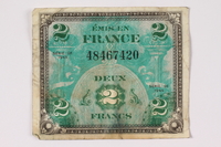 1992.122.9 front
Allied Military Authority currency, 2 francs, for use in France, owned by a US soldier

Click to enlarge